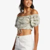 Roxy Flirty Walk Printed Ruched Cropped Top With Puff Sleeves