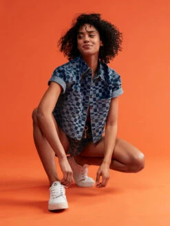 Roxy Blue Wave Club Printed Short Sleeve Denim Shirt -Helena Shop erjwt03579 roxym xbbb bck3