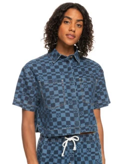 Roxy Blue Wave Club Printed Short Sleeve Denim Shirt -Helena Shop erjwt03579 roxyw xbbb frt1