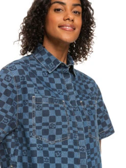 Roxy Blue Wave Club Printed Short Sleeve Denim Shirt -Helena Shop erjwt03579 roxyw xbbb frt3