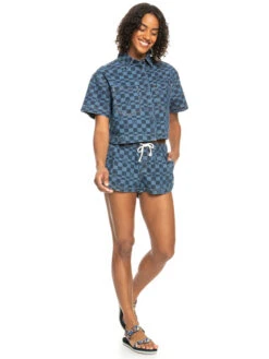 Roxy Blue Wave Club Printed Short Sleeve Denim Shirt -Helena Shop erjwt03579 roxyw xbbb frt9